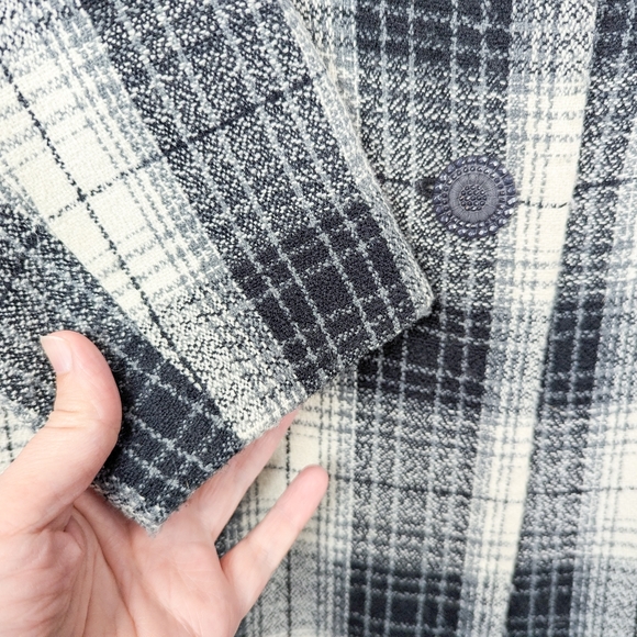Long Plaid Blazer Statement Buttons Soft Woven Cream Grey Black Lined Collarless - Picture 3 of 5